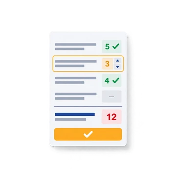 A marking panel: question scores with green ticks, one score being changed with stepper arrows, a total, and a large approve button.