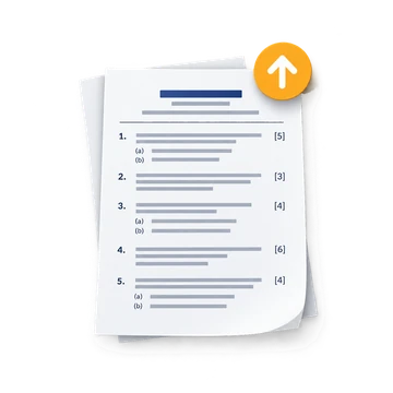 A printed question paper with numbered questions and their mark allocations in the margin, being uploaded.
