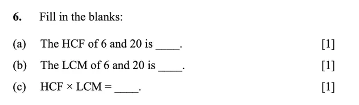 The same blanks as parts a, b and c, one mark each