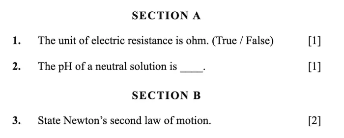 The same paper with headings reading SECTION A and SECTION B