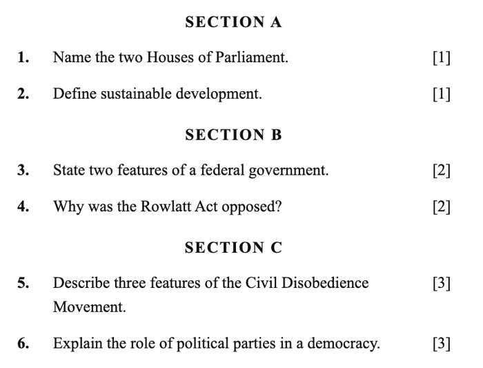 The same paper numbered 1 to 6 across all three sections