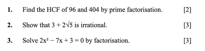 The same three questions as numbered lines with marks in the margin